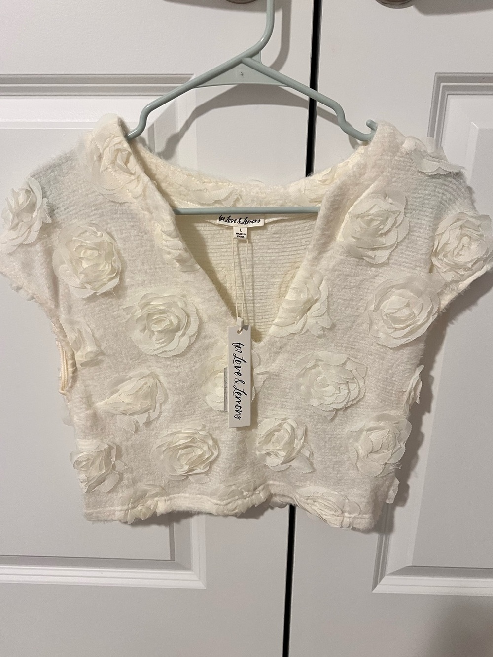 For Love & Lemons Ivory 3D Floral Appliqué Cropped Top